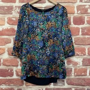 Mango MNG Top Womens Size 10 Navy Blue Multicolor Abstract Satin Front Blouse